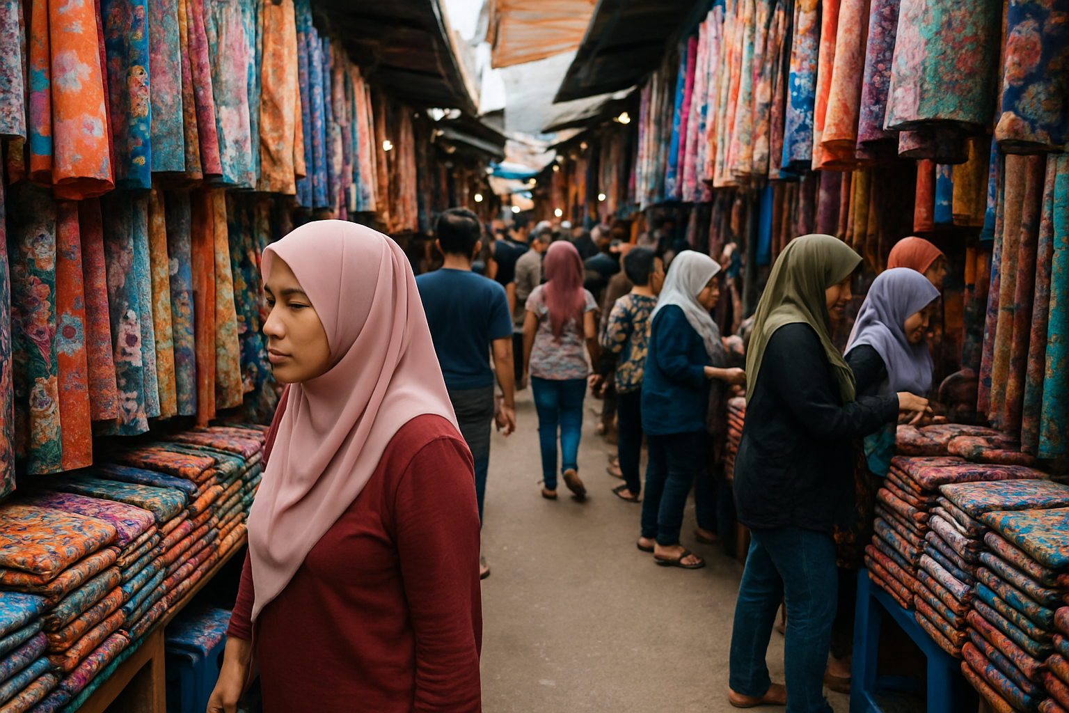 Rantau Panjang border market colourful fabric textile stalls crowded bazaar Kelantan Malaysia
