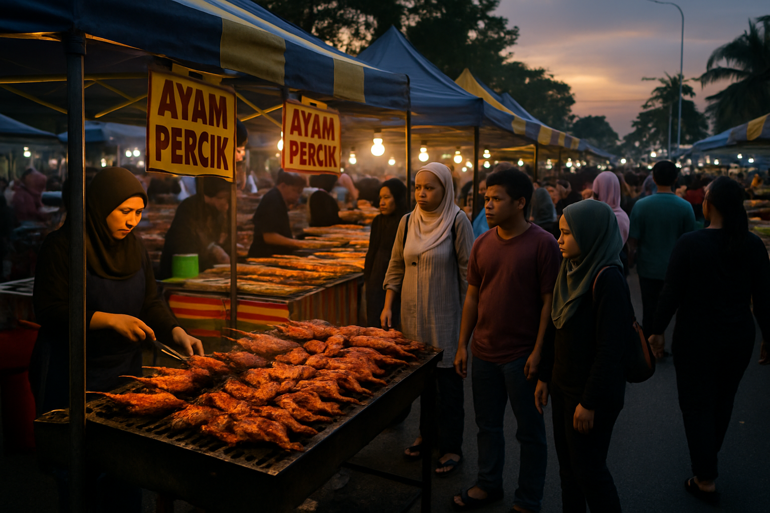 Malam Bazaar Buluh Kubu Kota Bharu night market food stalls ayam percik grilled chicken evening crowd