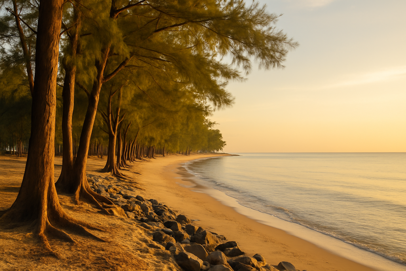 Pantai Cahaya Bulan beach Kota Bharu Kelantan golden morning light casuarina trees calm shoreline