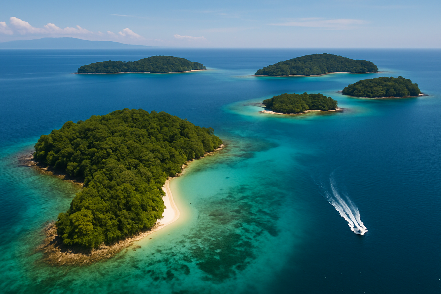 Tunku Abdul Rahman Marine Park Sabah aerial view turquoise water islands speedboat