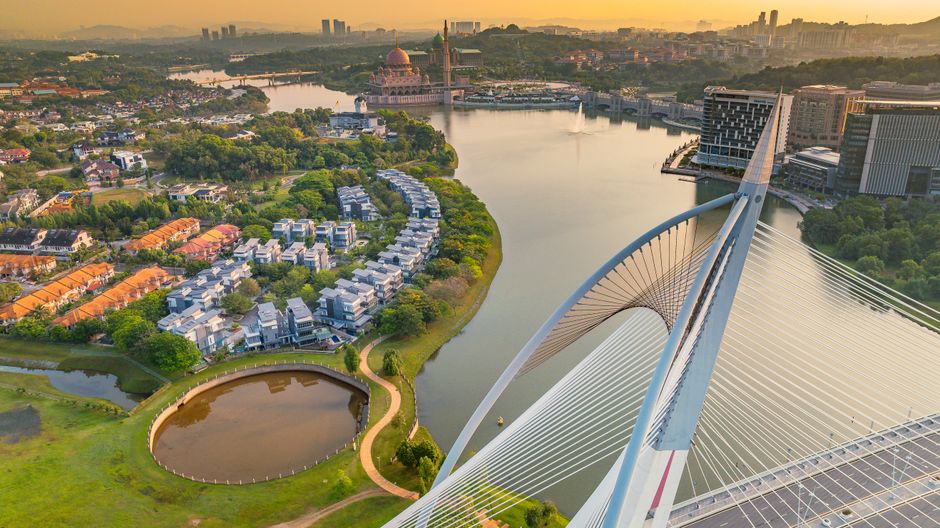 Putrajaya government buildings lake bridge Malaysia aerial view