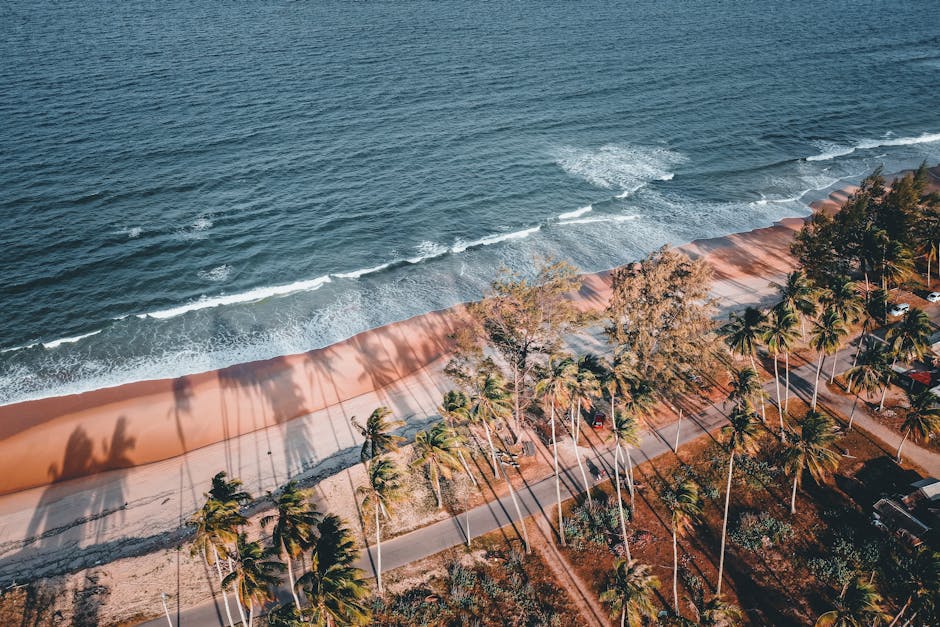 Langkawi island aerial view coastal road turquoise sea palm trees clear sky Malaysia