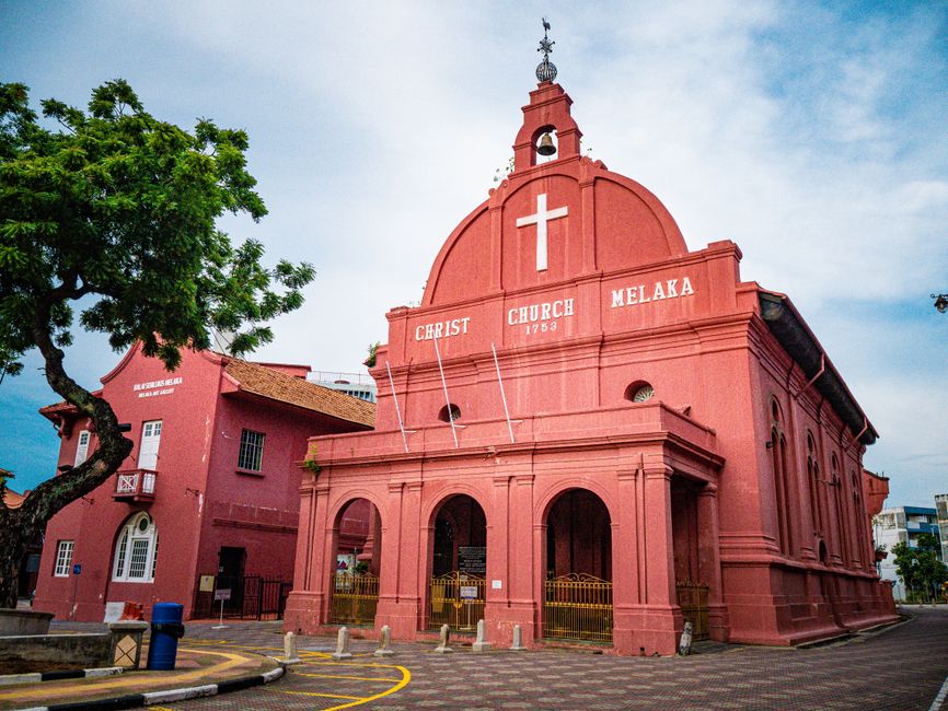 Stadthuys Dutch Square red colonial building Christ Church Melaka blue sky heritage