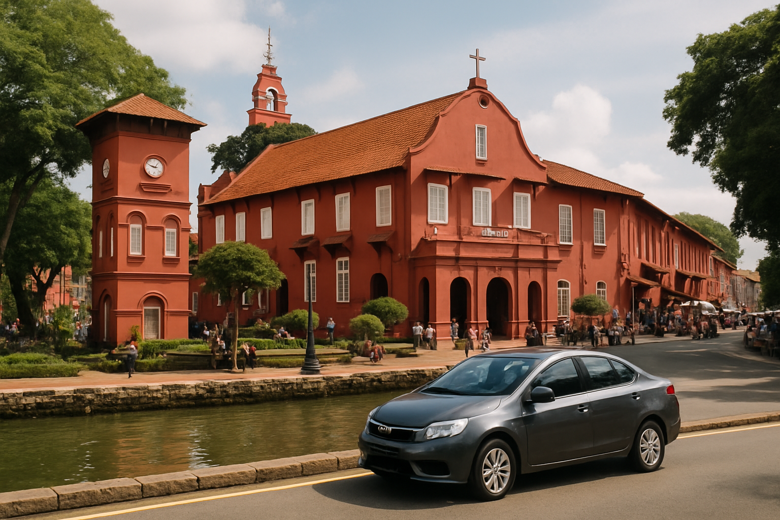 Dutch Square Stadthuys red colonial building Melaka riverside daytime
