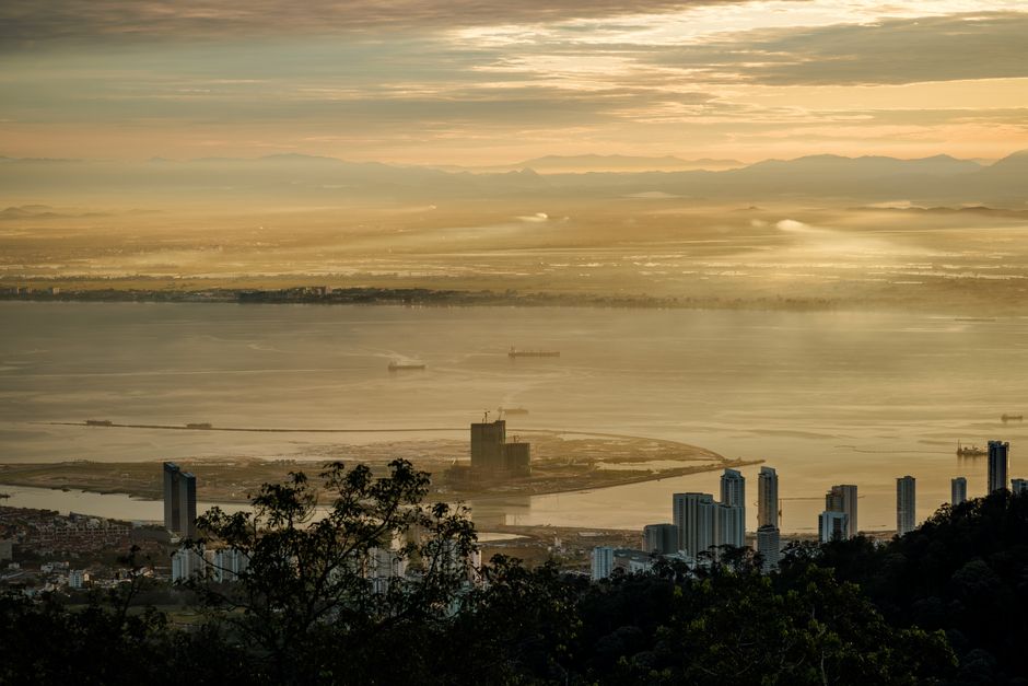 Penang Hill funicular railway Bukit Bendera hilltop view Penang Straits clear morning