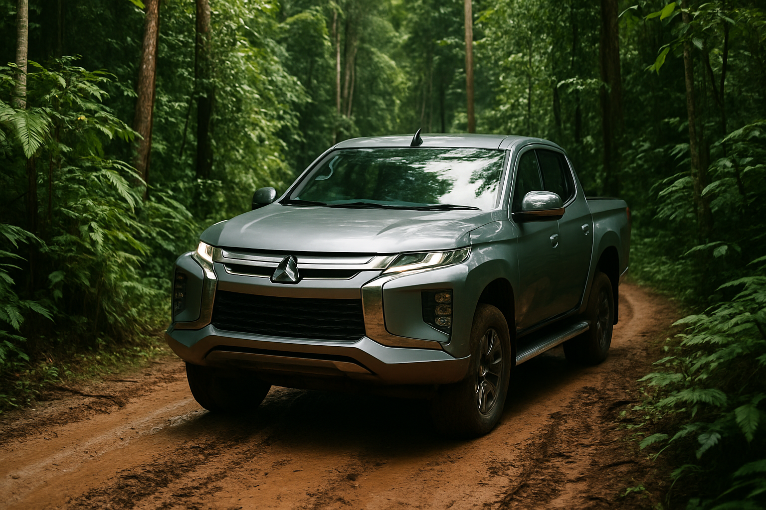 Mitsubishi Triton 4x4 pickup truck jungle track Borneo tropical rainforest Malaysia