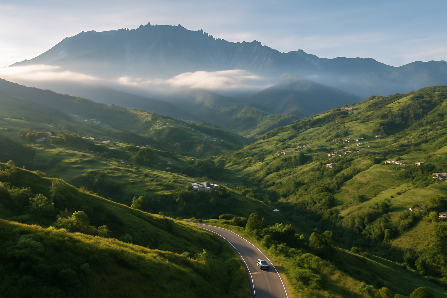 Kundasang valley Sabah highland green hills Mount Kinabalu misty morning aerial