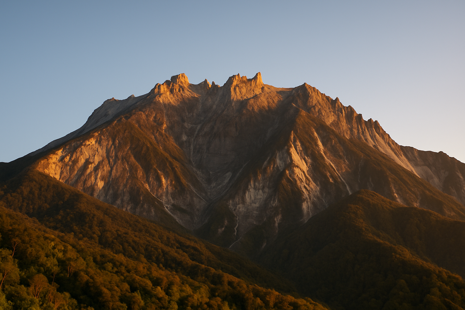 Mount Kinabalu granite peak sunrise clear sky Sabah Malaysia low angle