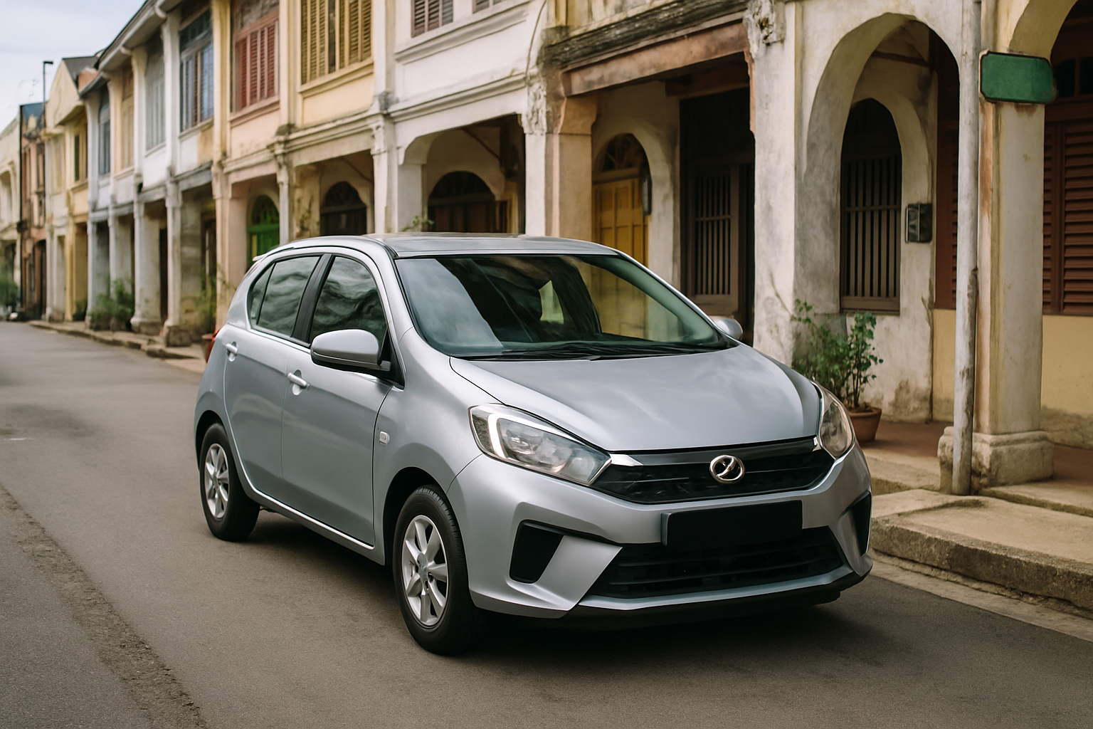 Perodua Axia compact hatchback parked on Malaysian street Penang Georgetown shophouse row daytime