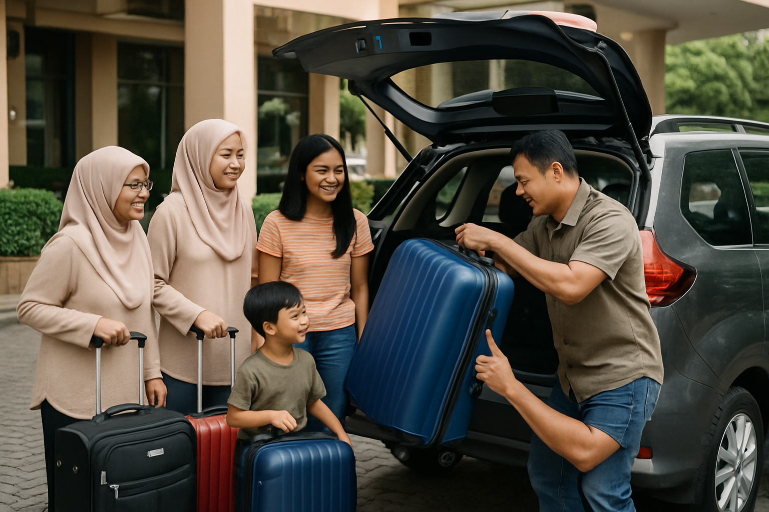 Malaysian family loading luggage into MPV boot at hotel car park road trip