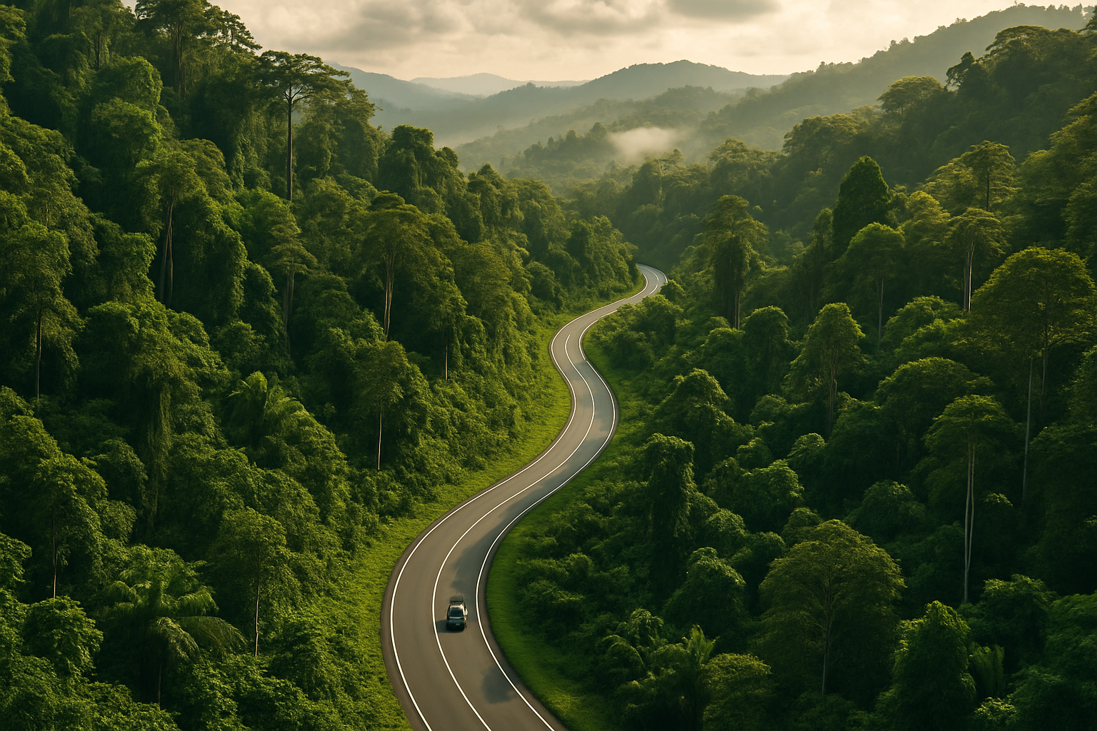 Pan-Borneo Highway Sabah lush tropical rainforest aerial view winding road Malaysia
