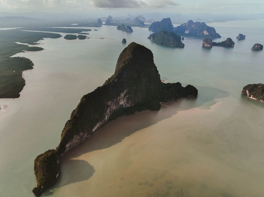Phang Nga Bay limestone karst islands aerial view Thailand