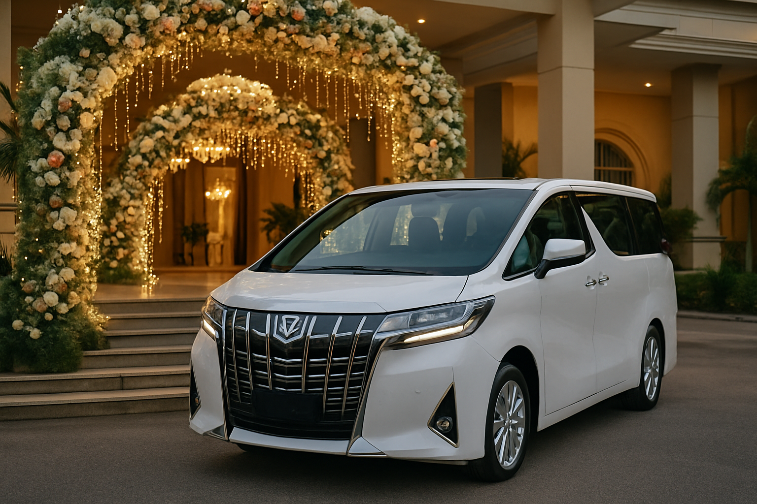 white Toyota Alphard parked at grand Malaysian wedding venue entrance decorated with floral arch and fairy lights