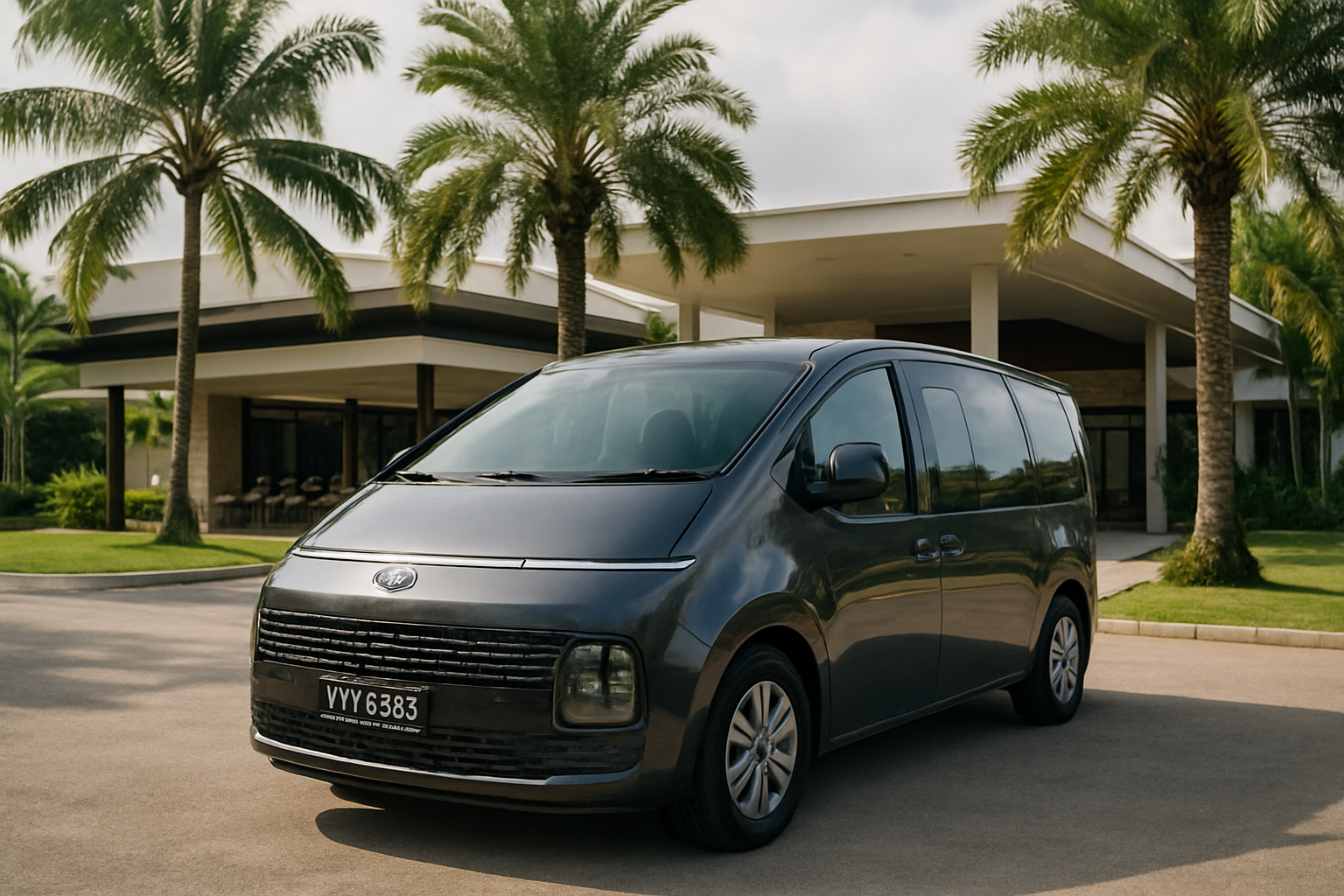 dark grey Hyundai Staria exterior parked at modern tropical Malaysian event venue with palm trees