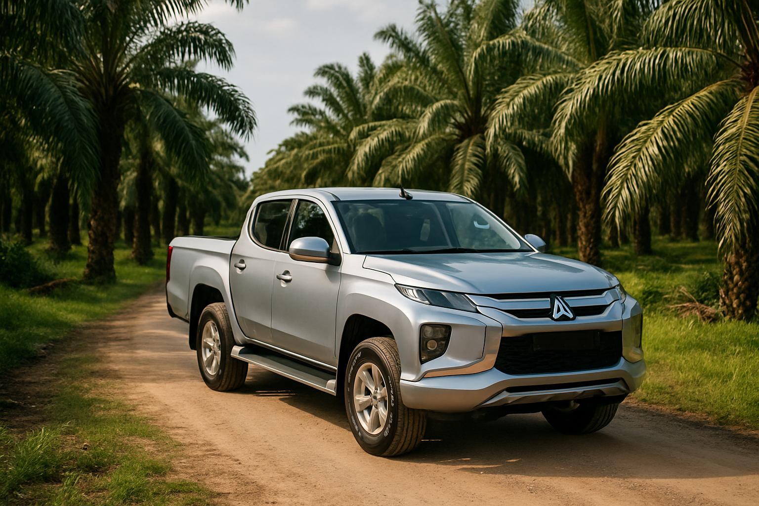 Mitsubishi Triton double cab pickup truck silver tropical palm oil plantation road Borneo