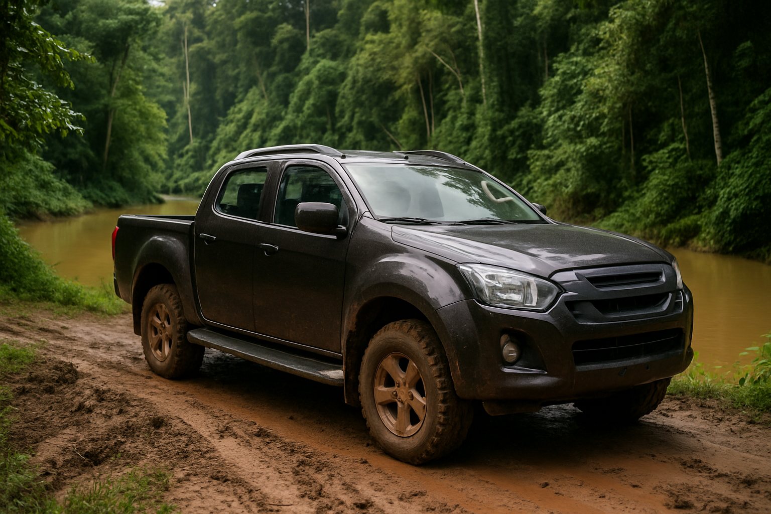 Isuzu D-Max 4x4 double cab pickup truck muddy river bank tropical Borneo jungle