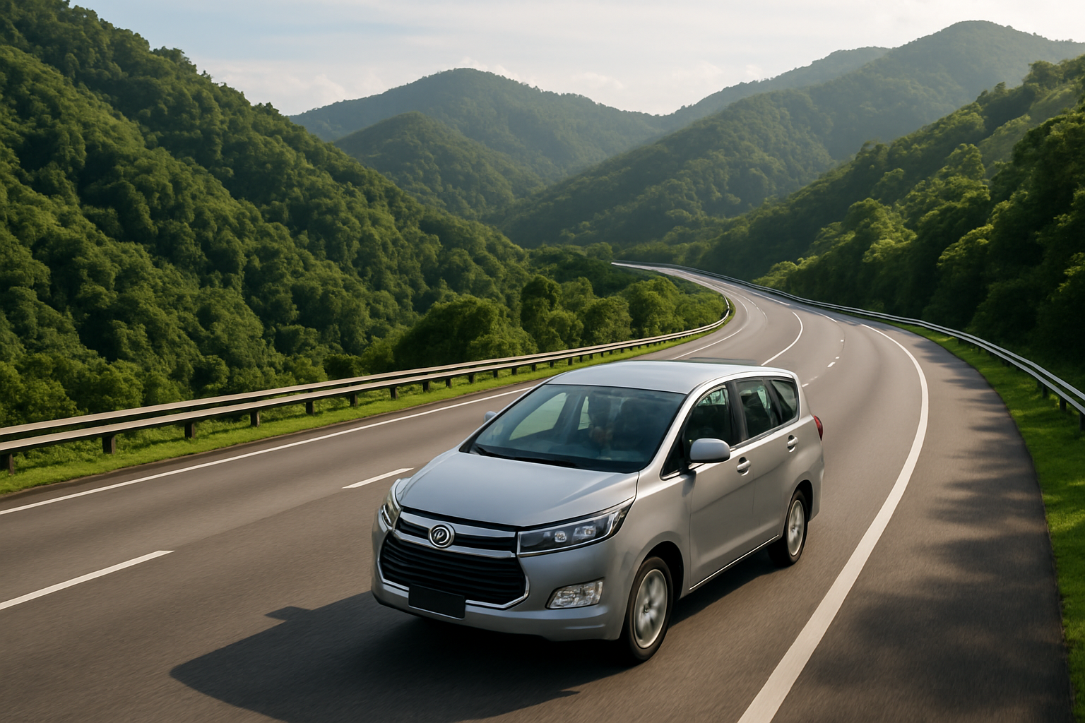 Toyota Innova MPV highway Malaysia green hills family road trip aerial