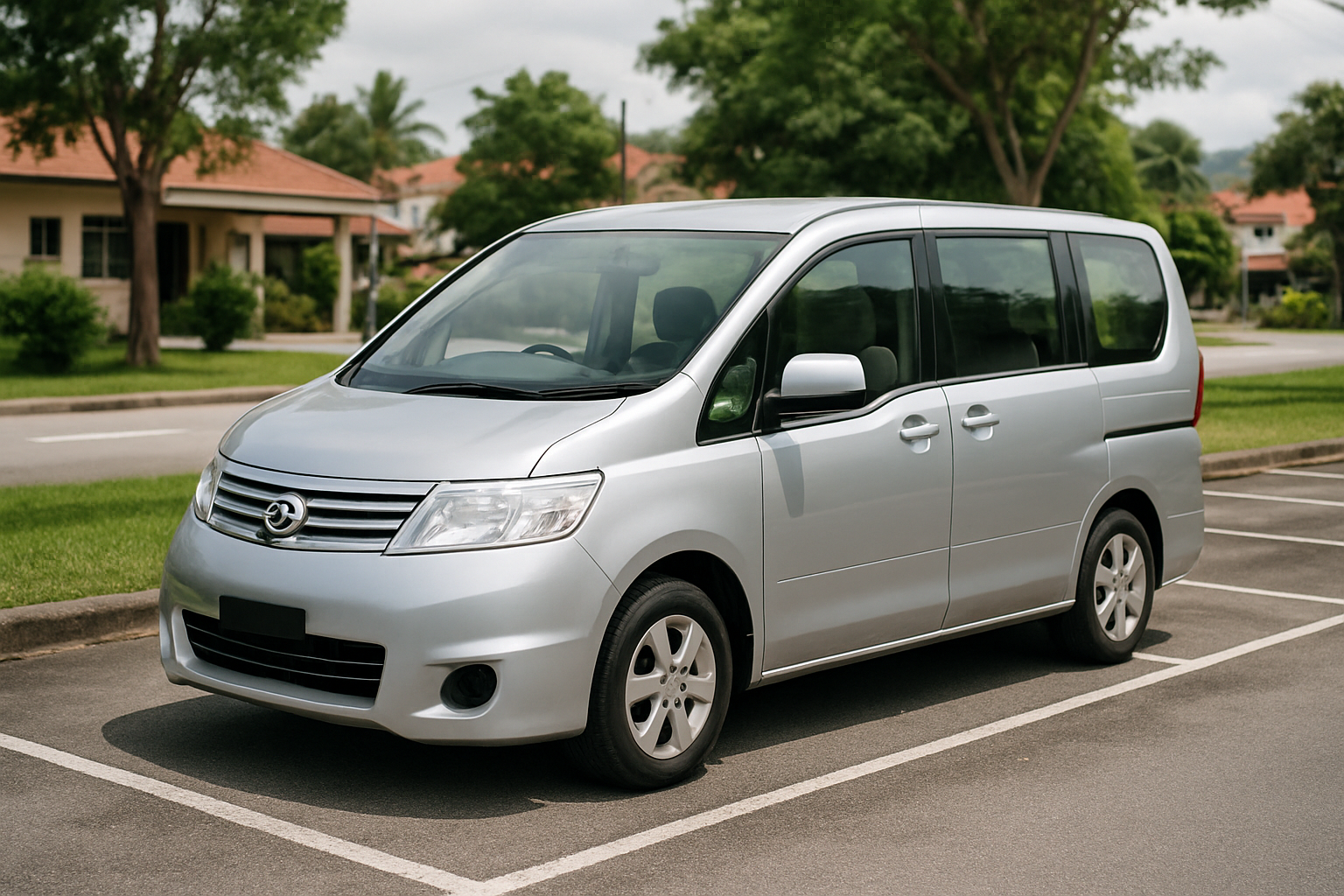 Nissan Serena Malaysia silver MPV parking lot suburban background